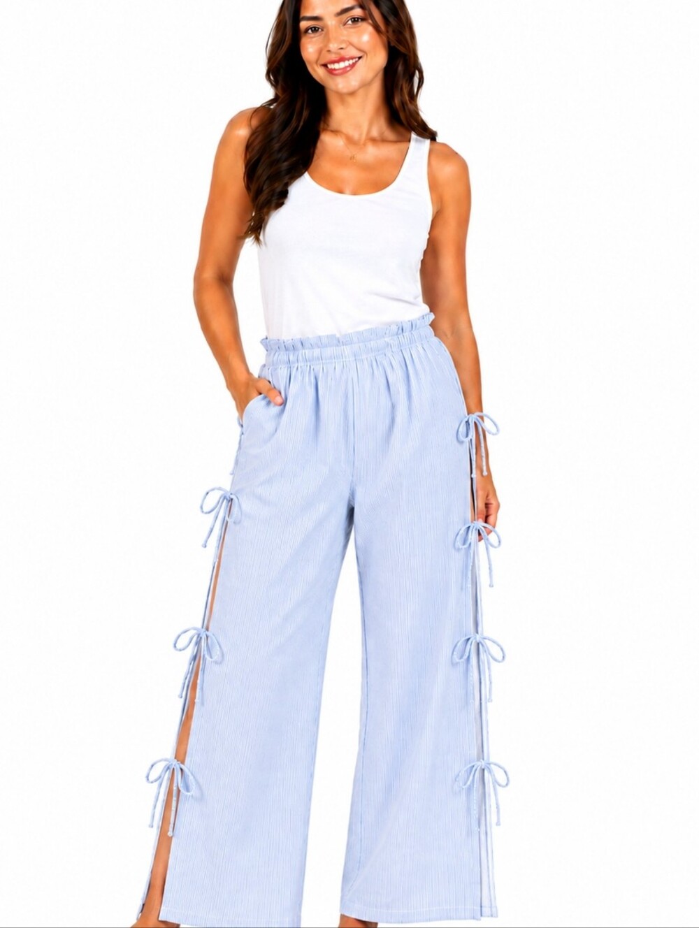 Angel Kiss Light Blue Pinstripe Open Side-Tie Light Wide Leg Pants